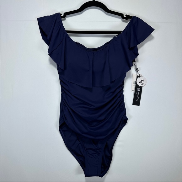 La Blanca Other - La Blanca Navy One Piece Swimsuit Off Shoulder Ruffle Ruched Size 8 NWT